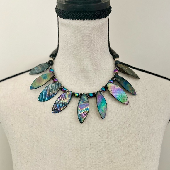 Abalone Shell Leaf Rainbow Hematite Statement Necklace. - Picture 2 of 5